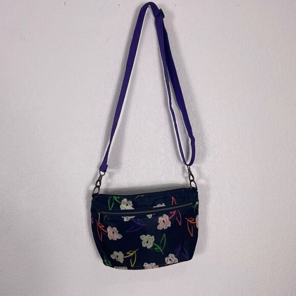 Lug Navy Blue with Flower Print Purple Strap Crossbody Purse - Picture 1 of 13